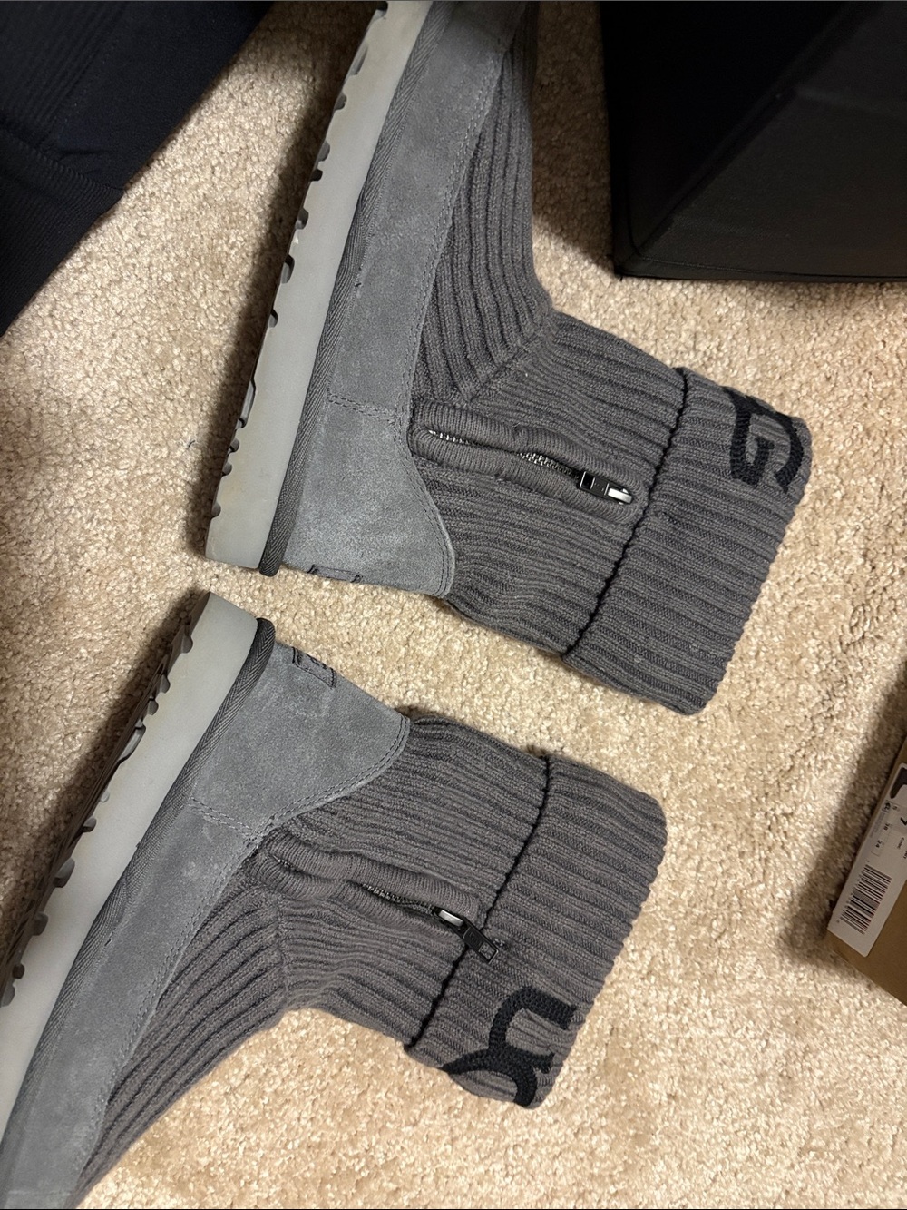 UGG Charcoal Ribbed Knit Sock Boots with Logo Cuff